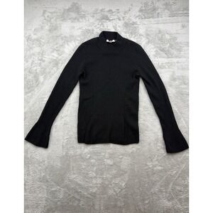 Tory Burch Black Ribbed Mock Neck Merino Wool Bell Sleeve Sweater  Size Large